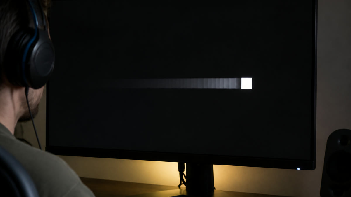 A monitor showing a moving white block with a long dark smear trail behind it while someone inspects the panel.