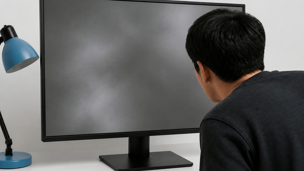 Mid-gray fullscreen uniformity test showing blotchy dirty-screen patches while someone inspects the monitor.