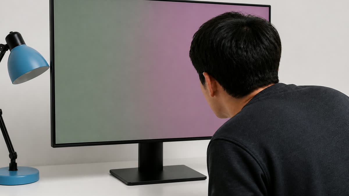 Gray fullscreen monitor test with a green tint shift on one side of the panel.