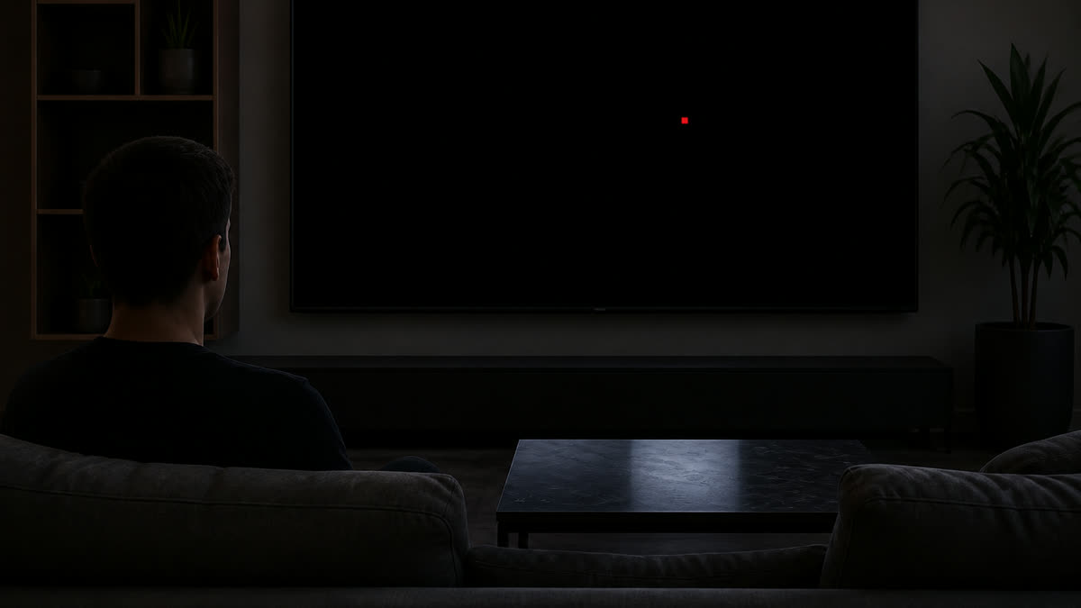 Black fullscreen monitor test showing one bright red stuck pixel on a dark living-room panel.