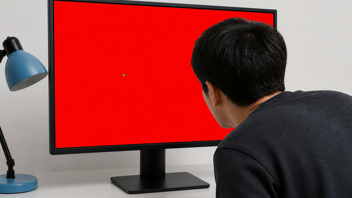 Red fullscreen stuck pixel test with one bright green stuck pixel while someone inspects the monitor up close.
