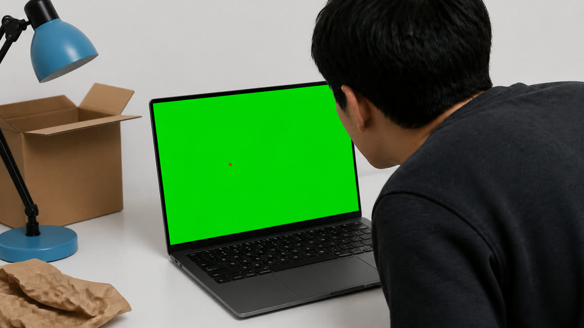 Just-unboxed laptop on a green fullscreen stuck pixel test with one red stuck pixel after shipping.