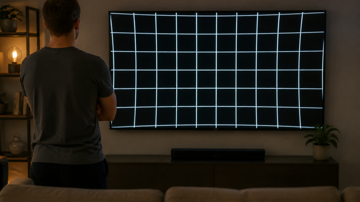 A living-room TV showing a white geometry grid that bows and is cropped at the edges while someone checks alignment.