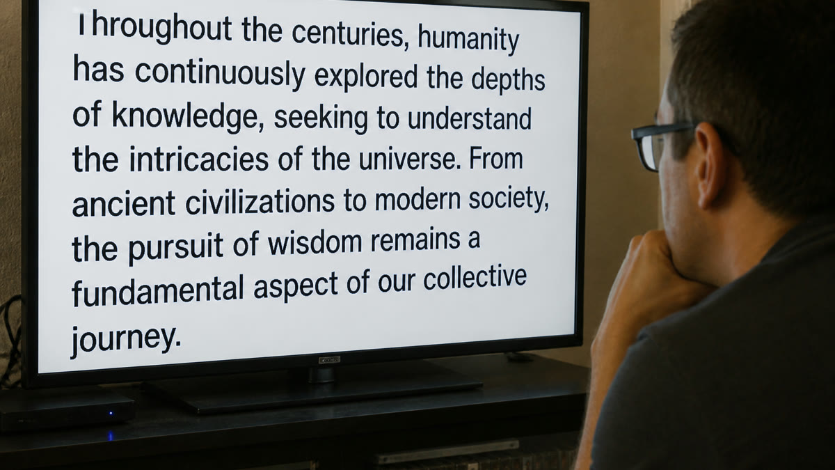 A TV used as a monitor showing black text with bright white sharpening halos around each letter.