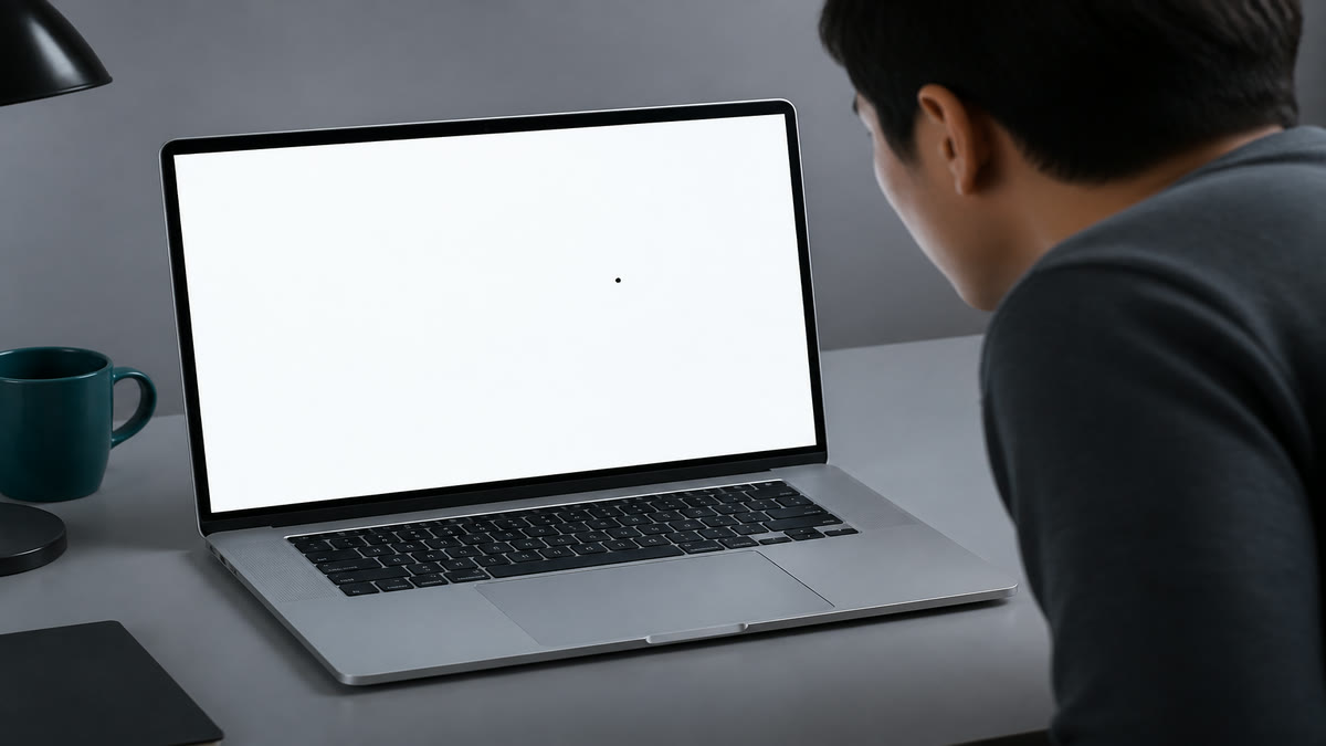 A laptop showing a full white screen with one tiny dark dead pixel near the center of the panel.