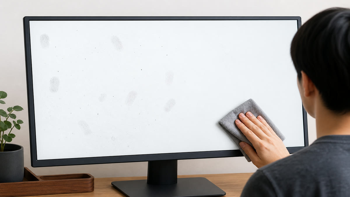 A person wiping fingerprints and dust specks that only show up on a bright white monitor.