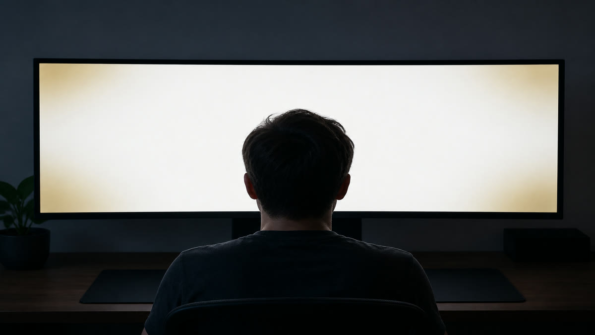 A widescreen monitor filled with white that stays bright in the center and turns dim and warm in the corners.